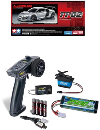 TAMIYA 58749 1:10 RC Audi R8 LMS 2008 TT-02 Bundle Komplettset Start- ferngesteuertes Auto, Fahrzeug, Modellbau, Zusammenbauen, Hobby, RC Bausatz