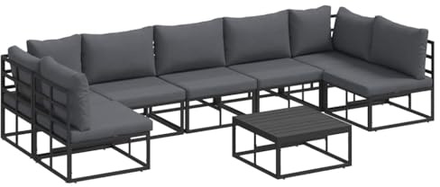 vidaXL Gartensofa-Set mit Kissen 8 pcs Schwarz Aluminium, Garten und Terrasse, modernes Lounge-Set, Sofa mit verstellbaren Füßen, wetterfestes Möbel, den Sommer genießen