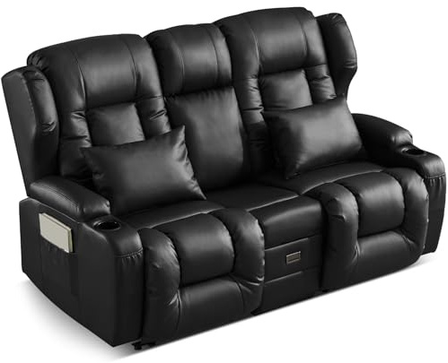 SAMERY Zweisitzer Relaxsessel mit Liegefunktion, 2er-Fernsehsessel Kinosessel 2 Sitzer TV Sessel Heimkino Sitze mit klappbare Mittelkonsole, 4 Getränkehalter (Schwarz, 172 cm Zweisitzer)