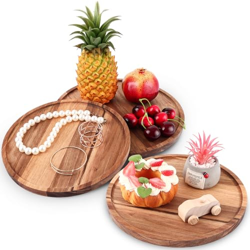 LDXDRU Set di 3 vassoi in legno di acacia, stile rustico, vintage, rotondi, vassoi in legno, in 2 misure, per snack, formaggio, salsicce (30 cm/25 cm)