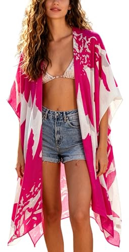 Breezy Lane Women's Floral Kimono Cardigan Bikini Beach Cover Up Casual Swimwear for Vacation Fuchsia White