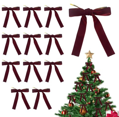 12 pcs Wine Red Velvet Bows with Twist Ties for Christmas Tree Decorations Christmas Decorative Bows Christmas Bow Christmas Bows Decorative Xmas Decor Wreath Ornament