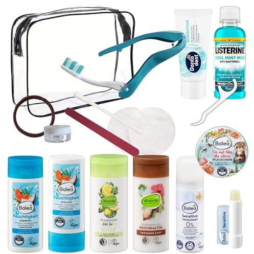 Travel Essentials im Handgepäck-freundlichen Pflege-Set – Transparente Kulturtasche gefüllt mit kleinen Kosmetik Produkten – Ideal als Carry-on Reisegrößen Set für die Flugreise (Frauen)
