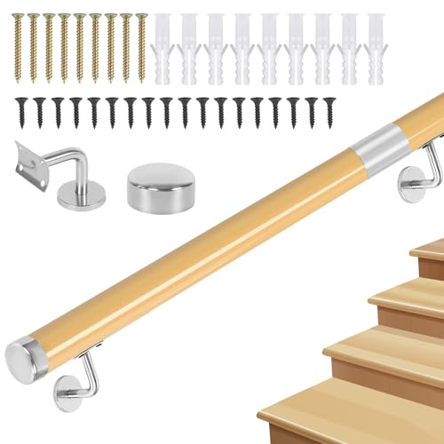 Handrail with Brackets, Non-Slip Stair Railings Support Rod, Against The Wall Elderly and Children's Safety Banister Rail for Indoor Loft - PVC Imitation Wood Handrails for Stairs