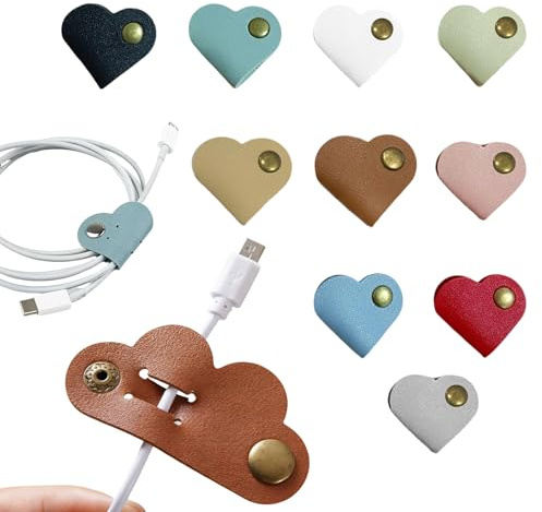 DCYQAIN 10 Pack Heart Shape PU Leather Cable Organizer, Reusable Cord Winder Clips, Multicolor Cable Ties for Charging Cords, Earphones, USB Cables, Office & Travel