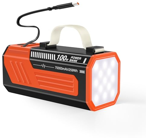 CUZAR Batterie Externe 100W, 70000mAh Batterie Externe Grande Capacité, intégré câble rétractable,Power Bank pour MacBook Pro Laptop Steam Deck iPhone16 Pro Max Samsung iPad (Orange)
