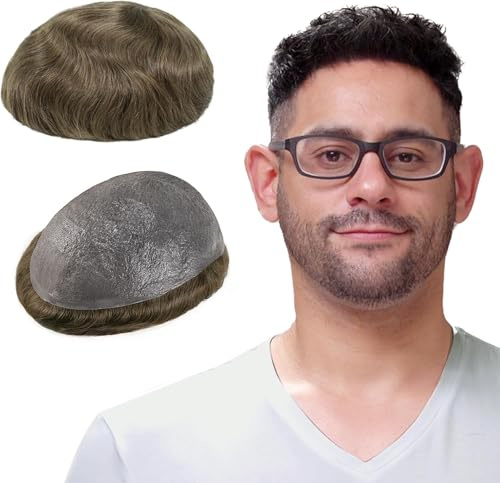 Toupee for Men with 100% human hair Base Size 8x10 inch Hairpiece for Men 0.03mm Ultra Thin Skin Hairsystem Natural Hairline Mens Toupee Brown (#18)