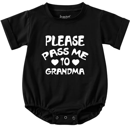 Jimonda Please Pass Me to Grandma Baby Bodysuit Boy Girl Bubble Romper Cotton Short Sleeve T-Shirt Funny Slogan Baby Clothes Cute Newborn Outfit Grandma Gifts, Black 3-6 Months