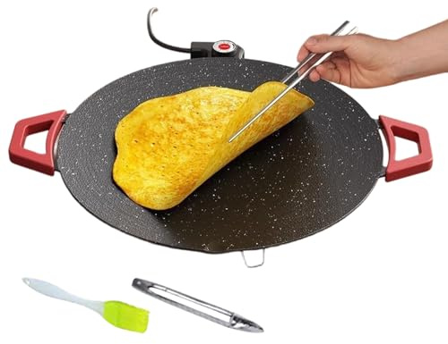 Grill Électrique,Ronde Antiadhésive - Grill d'Intérieur Petit et Rond avec Pinceau à Huile et Pinces à BBQ,Pour Cuisine Cuisson Petit-Déjeuner Steak Pancake Burger