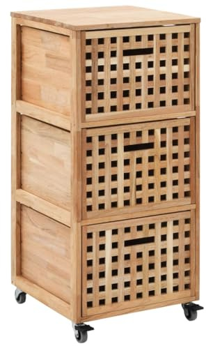 fsahslih Armario de baño 41 x 41 x 91 cm de madera maciza de nogal, armario de baño móvil con 3 cestas y 4 ruedas, cómoda de baño robusta para accesorios de baño y toallas, color natural