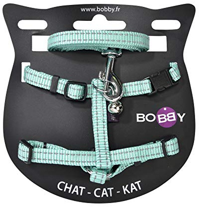 Bobby Safe - Kit Pettorina e Guinzaglio per Gatti, Antifuga, Riflettente, Resistente, Turchese, dimensione torace 25-38, spessore fettuccia 1 cm