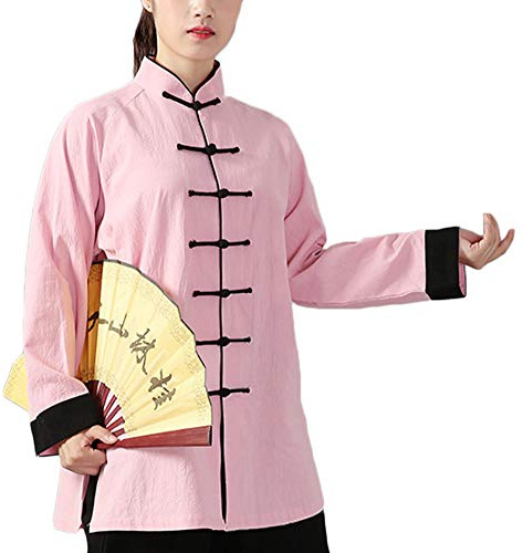 PengGengA Unisex Schnalle Kleidung Üben Tai Chi Uniform Kung Fu Passt Leistung Kleidung Anzug Traditionelle Kampfkunst Pink Schwarz M