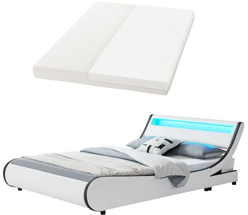 Juskys Polsterbett Valencia 180x200 cm komplett mit Matratze, LED Beleuchtung, Lattenrost & Kopfteil - Bett Doppelbett - weiß