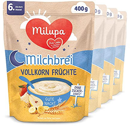 Milupa Milchbrei Vollkorn Früchte – Babybrei ohne Palmöl – Frei von Konservierungs- und Farbstoffen – Ab dem 6. Monat – 4 x 400 g