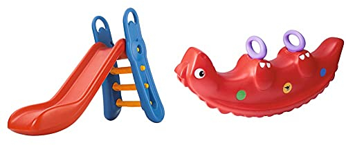 Big - Fun-Slide - 152cm Lange Rutschbahn, Nutzung für den Hausgebrauch, rot-Blaue Rutsche & Sammy-Rocker - Kinderwippe für 1 bis 3 Personen, mit süßen Rückenschuppen und stabilen Griffen