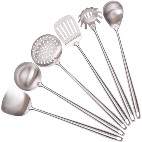 Ensemble d'ustensiles de cuisine en acier inoxydable 304 – 43,2 cm tout en métal, 6 ustensiles à manche extra long avec spatule, louche à soupe, écumoire, spatule ajourée, cuillère à spaghetti