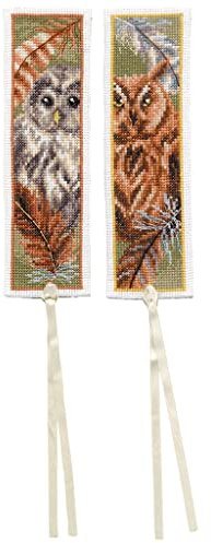 Vervaco Lesezeichen Kreuzstich Stickpackungen Gezählter Kreuzstich Eule mit Federn 2er DIY Set Erwachsene Sticken Lesen Zubehör Geschenk Zählmusterpackung ca. 6 x 20 cm Stickset für Anfänger