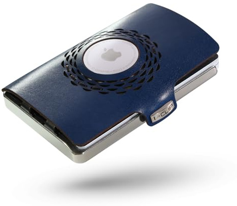 I-CLIP Edelstahl für Apple AirTag mit austauschbarer Geldklammer - Portemonnaie - Slim Wallet - Geldbörse kompatibel für Apple AirTag - Stahl poliert Blau
