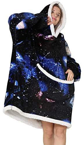 JOJJJOJ - Manta con capucha de gran tamaño con bolsillo gigante, cómoda manta de forro polar con capucha, sudadera abrigada para mujeres, hombres, adolescentes, como regalo, Universo Negro