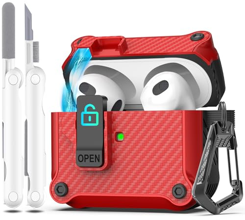 R-fun Compatibile con AirPods di terza generazione 2021 Custodia di ricarica, protezione completa contro le cadute Coperchio pop-up automatico Custodia con kit di pulizia e portachiavi,Rosso