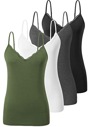 Ymmchy Adjustable Camisoles Lace Camisoles for Women V Neck Vest Tops Spaghetti Strap Tank Top 4-Pack Black/Dark Gray/White/Army Green S