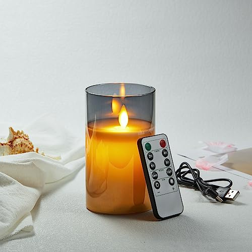 Koelaa Grau Glas Flammenlose Kerzen, Aufladbare LED Kerzen, Wiederaufladbare LED Kerzen, Flammenlose Kerze mit Fernbedienung und Timer, für Hochzeit Festival Weihnachten Home Decor-7.5 x 15cm