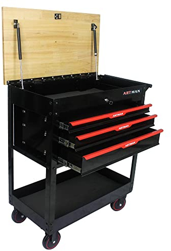 pouseayar 38 Steel Tool Trolley, 3 Drawers Multifunctional Tool Cart with Wheels and Wooden Top, Tool Storage Cart with Lock for Garage, Warehouse, Repair Shop, Workshop - Red