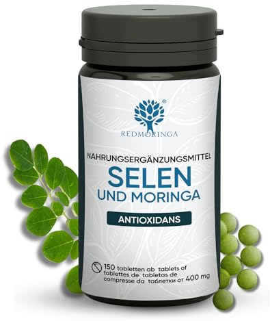 Sélénium Végan et Moringa Bio, 150 Comprimés 100 µg | Complément utile pour les Bienfaits Immunitaires, la Thyroïde, les Cheveux, les Ongles, la Spermatogenèse | Fabriqué en Italie RedMoringa (150)