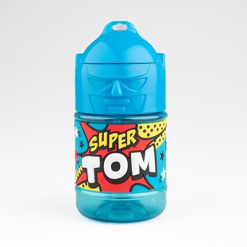 Personalisierte Kinder-Trinkflasche, Wasserflasche mit Strohhalm, Super Tom, Blau