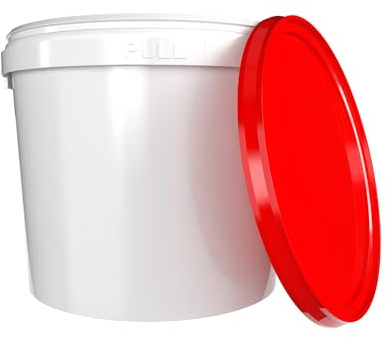 Eimer mit Deckel 5l Rund | Kunststoff Eimer Lebensmittelecht, luftdicht und stabil | Leer Eimer mit Griff und Deckel für Lebensmittel Chemie KlebstoffeTierfutter geeignet Eimer weiß rot