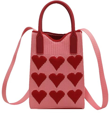 Anopo Mujer Bolso Cruzado Tejido para Teléfono Móvil | Tamaño Mini, Tejido Transpirable, Estampado de Corazón, Correa No Ajustable, para Uso Diario, Vacaciones y Viajes