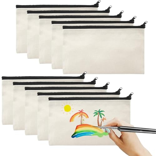 WHangXJangYE 10 Stück DIY Blanko Stoffbeutel, Stoffbeutel zum Bemalen Federmäppchen Klein Reise Kulturbeutel Kosmetiktasche mit Reißverschluss Mäppchen Taschen Klein, 21 x 12 cm (Black Zipper)