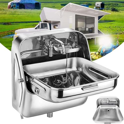 DHMYDPDZ Lavello Pieghevole in Acciaio Inox,Lavello per Camper,Montaggio a Parete a Vasca Singola Lavello Cucina,per Camper con Rubinetto Lavabo Multifunzionale Bar Caravan Van Camper Barca,Silver