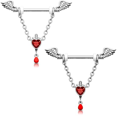 Melighting Piercing per capezzolo a forma di cuore, in acciaio inox 316L, con zirconia cubica, per Halloween, da donna, 14G 14MM, Acciaio inossidabile
