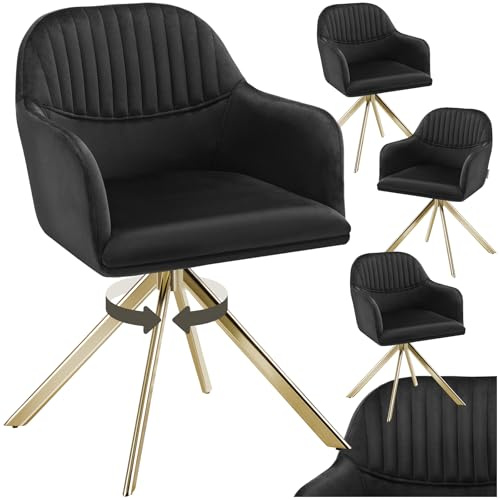 tectake® 4 x Esszimmerstuhl drehbar, Armlehnstuhl drehbar, ergonomischer Stuhl Samt, Stühle für Esszimmer, Möbel für Wohnzimmer, Arbeitszimmer, Esstisch, Schminktisch - 4er Set - schwarz/Gold