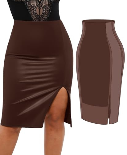 Popilush Faux Leather Skirts with Built in Mesh Shapewear Tummy Control High Waist Midi Skirt for Women Chocolate Brown