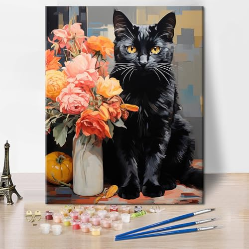 TISHIRON Katze Malen Nach Zahlen Erwachsene,Matisse Stil Wandkunst Dekoriert Abstrakte Katze DIY Handgemalt Ölgemälde Kit für Anfänger und Erwachsene Ölmalerei Zeichnung 40X50CM