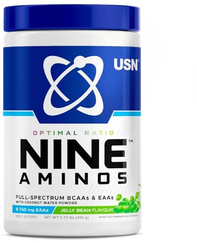 USN Nine Aminos – BCAA Amino Acids & EAA Essential Amino Acids Powder with Added Magnesium & Coconut Water Powder to Support Recovery and Hydration. Jelly Beans Flavour (330g – 30 Servings)