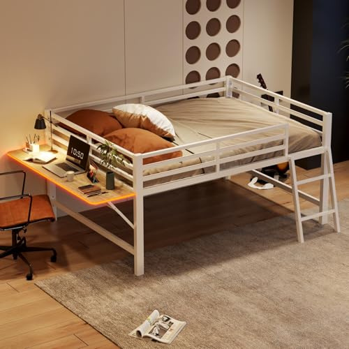 KOMHTOM Lit Métallique avec Bureau Pliant et Bande Lumineuse LED Télécommandée Lit Mezzanine avec Sommier à Lattes Cadre de Lit (sans Matelas) (Blanc, 140 x 200cm)