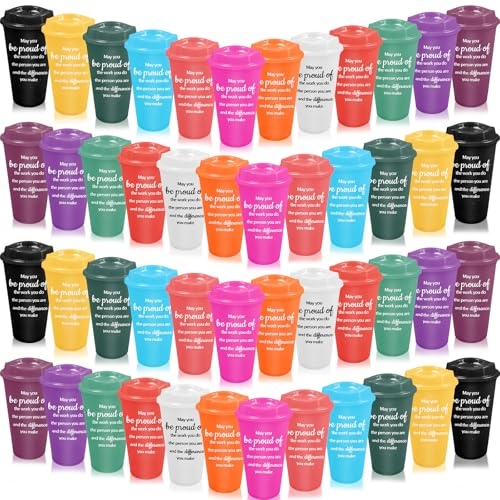Kaxtde 48 vasos de plástico de agradecimiento a granel, taza de café reutilizable de 16 onzas con tapa para regalo de agradecimiento a los empleados, taza de viaje inspiradora para profesores,