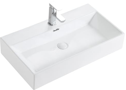 HOROW Lavabo in ceramica bianca a parete con foro per rubinetto, lavabo rettangolare 75 x 42 cm, ideale per il posizionamento sul lavabo, da appendere in bagni e servizi igienici