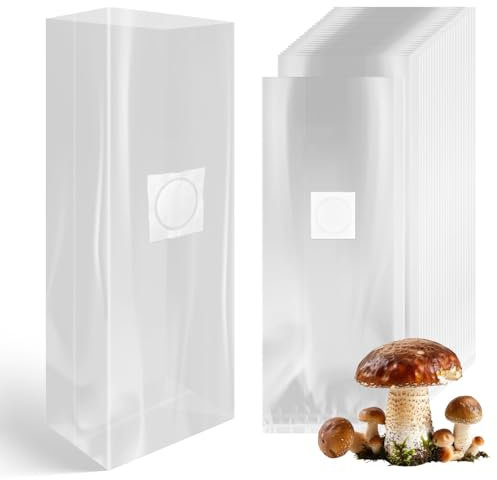 Zdhsufnvw 60 Stück 18 * 35 cm Pilzzucht Beutel mit Filter Transparente Pilze Züchten Set Robustheit Pilzzuchtset Pilzzucht Pflanzsack Pilze Züchten Beutel Grow Zubehör für Enoki Pilze Getreide Pilze