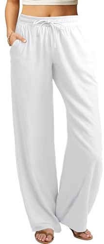 Friptspyg Damen Hosen Leicht Weite Hose mit Geradem Bein Sommerhose Kordelzug Freizeithose Einfarbig Lockere Hosen mit Taschen, Weiß L