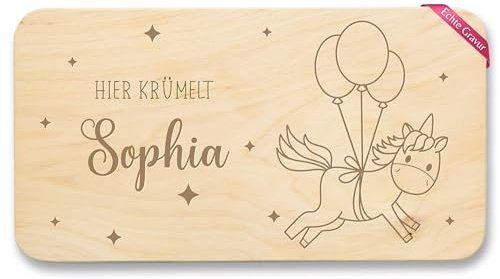 Frühstücksbrettchen Holz Natur - Brotzeitbrett Einhorn Hier krümelt mit Name personalisiert I Schneidebrett Einhorn Kinder Vesperbrett Einhörner Jausenbrett Unicorn Geschenke - 22x12 - Holz