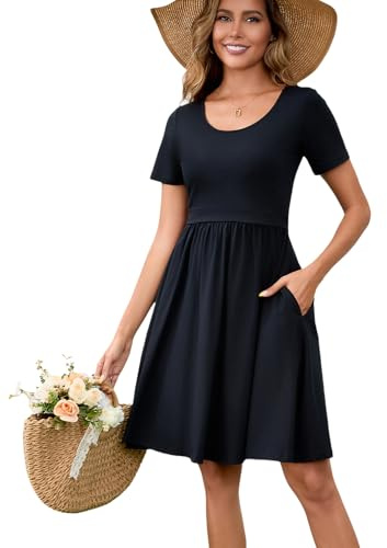 QINYI Women's Nursing Dresses Breastfeeding Summer Comfortable Cotton Short Sleeve Breastfeeding Dress with Pockets (US, Alpha, Large, Regular, Regular, Black)