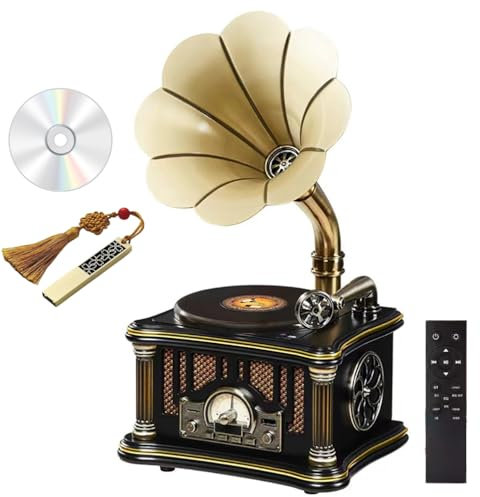 Vintage Style Gramophone Record Player with 2.1 Stereo HIFI Sound, Wireless Remote, USB, Disc, Bluetooth, and FM for Nostalgic Music Lovers