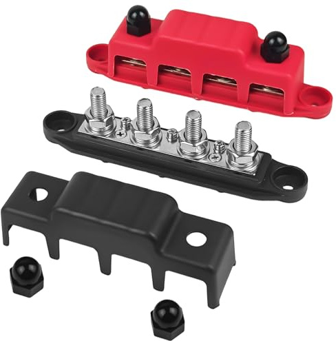 Aramanara 2 Pcs 12V-48V Bus Bar Power Distribution Block with 4 x M10 Terminal Studs, Heavy Duty 250A Module Bus Bar with Cover for Cars RVs Ships Yachts(Red+Black)