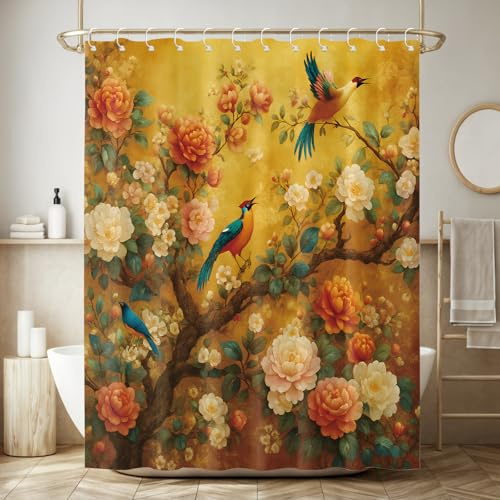 WYRCFS Duschvorhang 180x200 cm, Vintage Gelbe Blumen Vogel, mit Haken | Polyester, Wasserdicht & Anti-Schimmel, Schnell Trocknend, Waschbar. Beschwerter Saum, 12 Haken. Ideal für Badezimmer