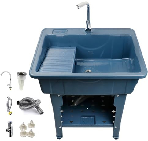 Pila Lavadero de Plástico con Tabla de Lavar, Fregadero Exterior Jardin con Grifo, Válvulas y Desagüe, Fregaderode Lavandería, Soporte de Carga de 200 Kg, para Cuarto de Lavado(Blue,80 * 56 * 80cm)