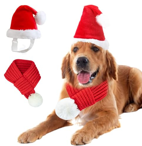 ANIAC Weihnachtsmütze und Schal für Hunde, verstellbar, für Herbst und Winter, roter Strickschal mit weißem Pompon, Zubehör für mittelgroße und große Hunde (rote Mütze + Schal, Größe L)